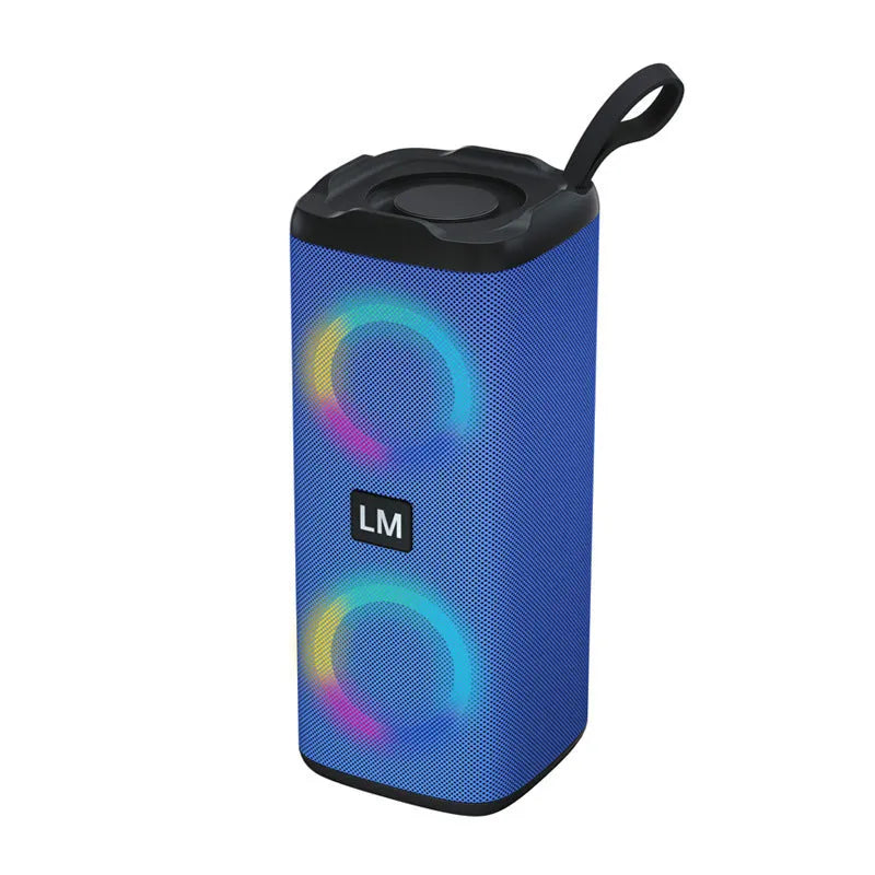 Bluetooth portable speaker with dazzling light effects, water-resistant plastic body, 76x73x186mm, available in black