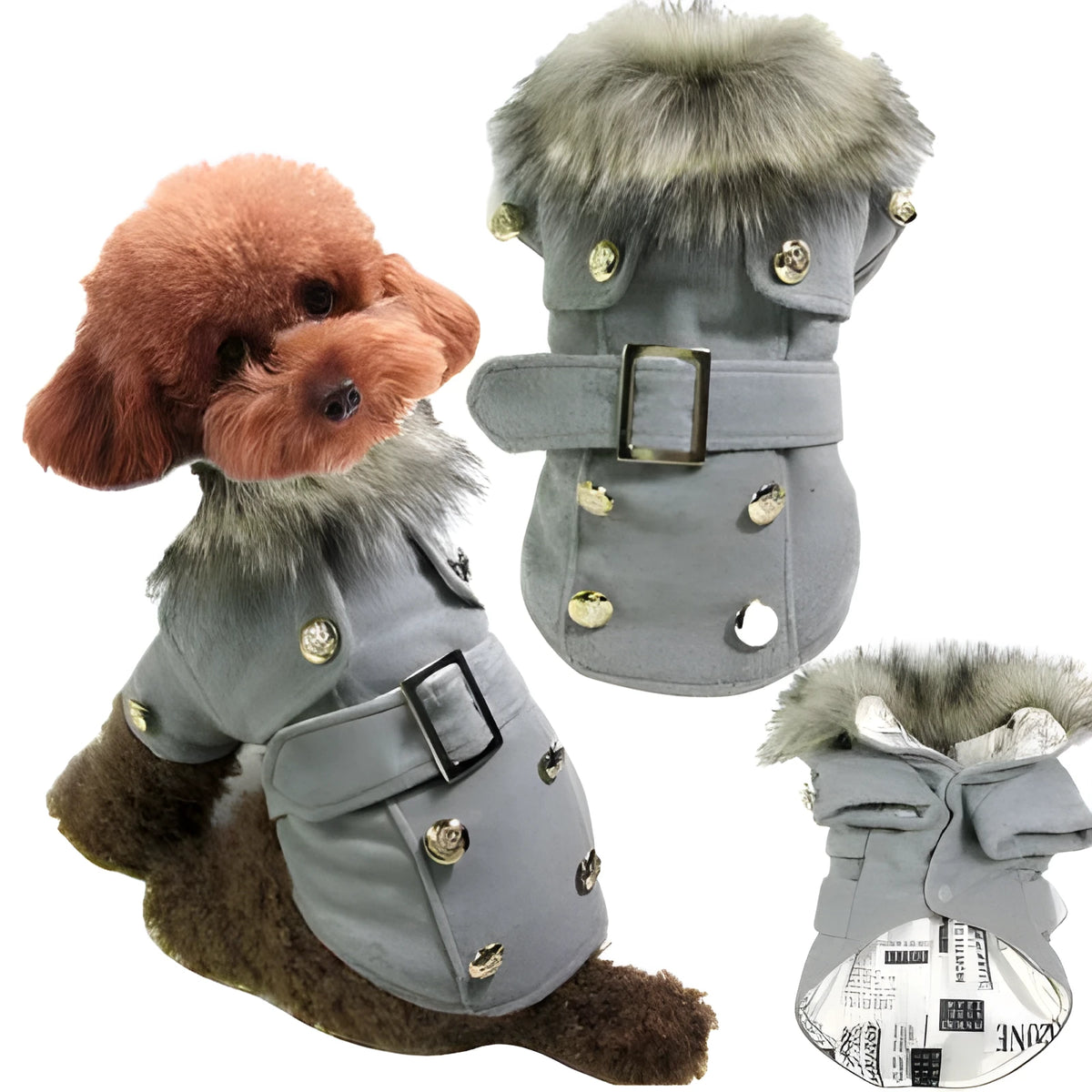 Wool blend dog coat in grey for small pets, size S to XL, warm winter jacket