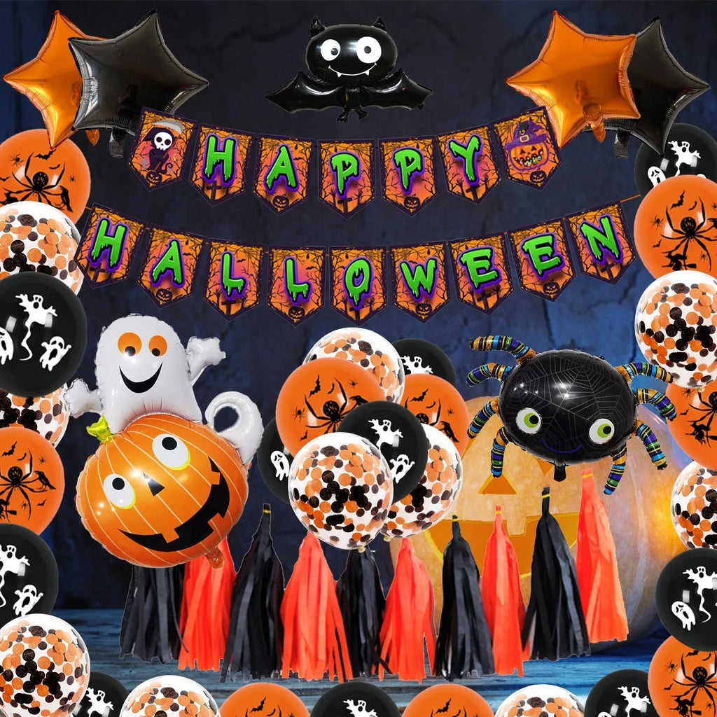 Halloween spider balloon arch decoration set with white and black latex balloons