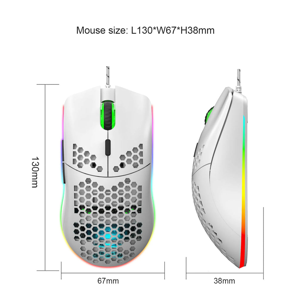 J900 honeycomb shell gaming mouse with RGB lighting on a desk