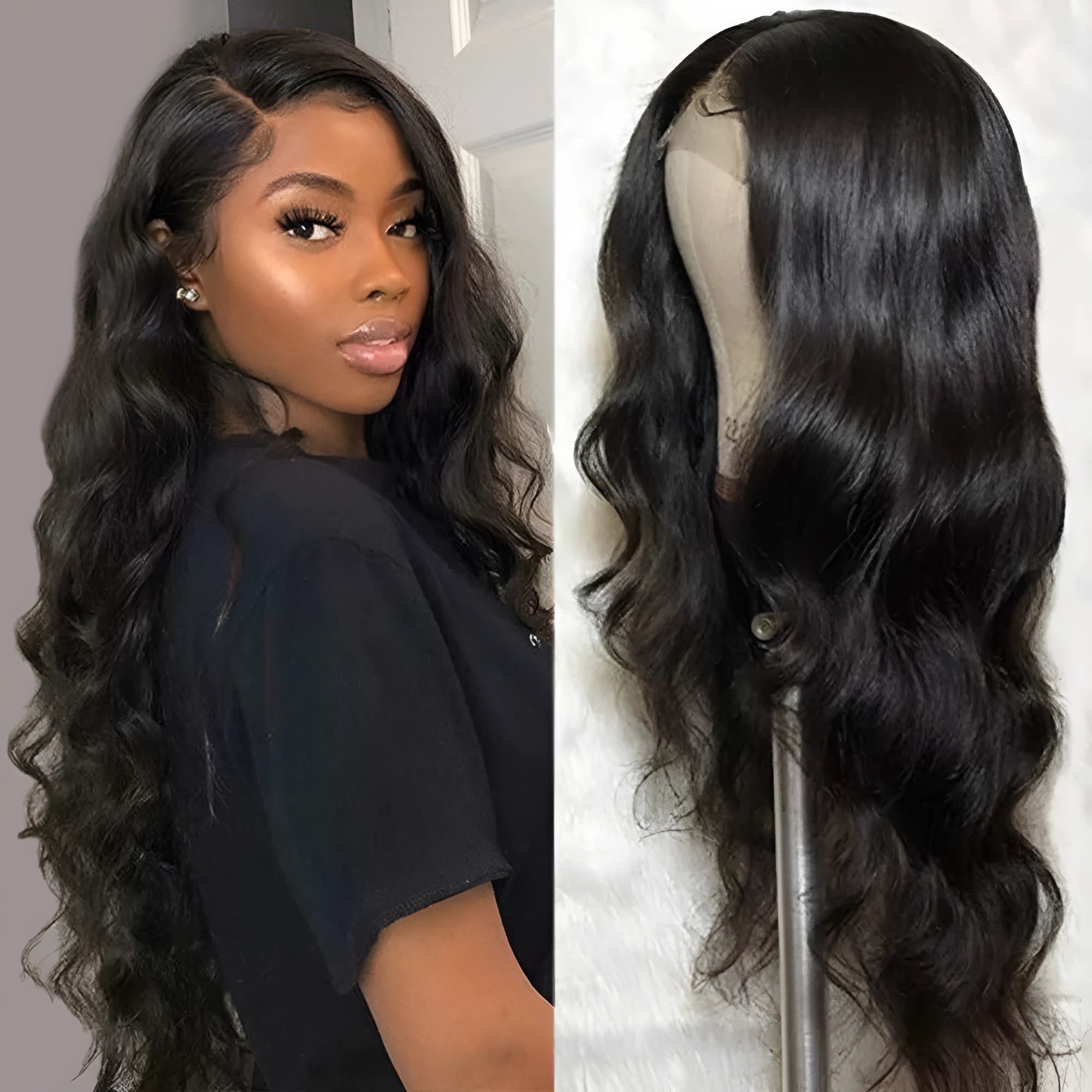 Natural human hair wig black medium length machine made for ladies
