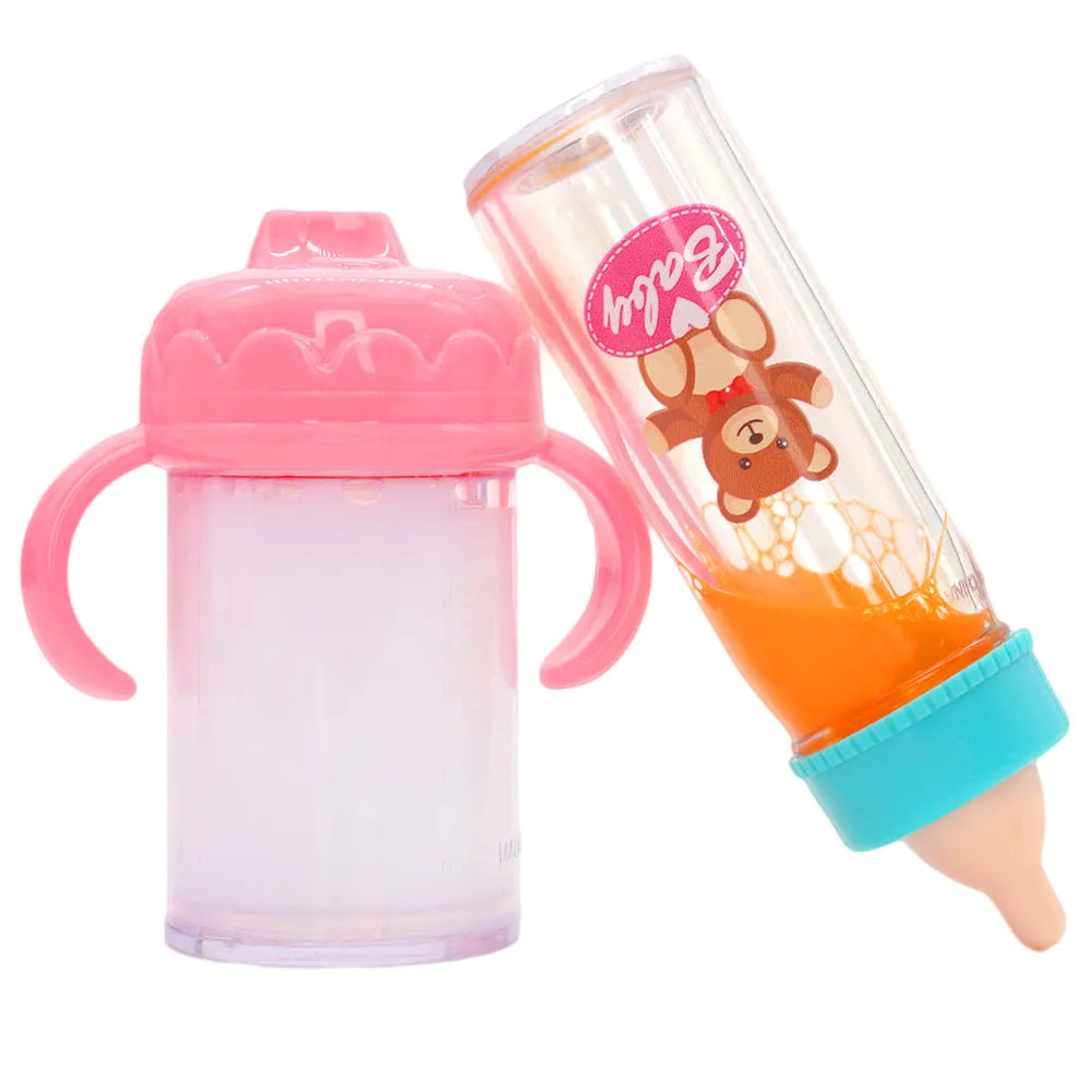 Plastic doll feeding bottle accessory for 14-18 inch dolls in pony pink or bear blue combination
