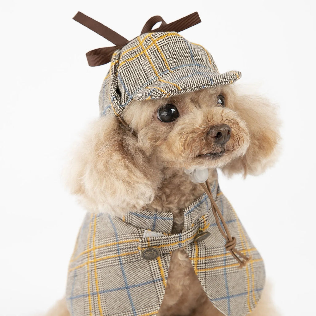 Camel-coloured cotton cloak pet clothes with an adjustable hat, shown on a mannequin.
