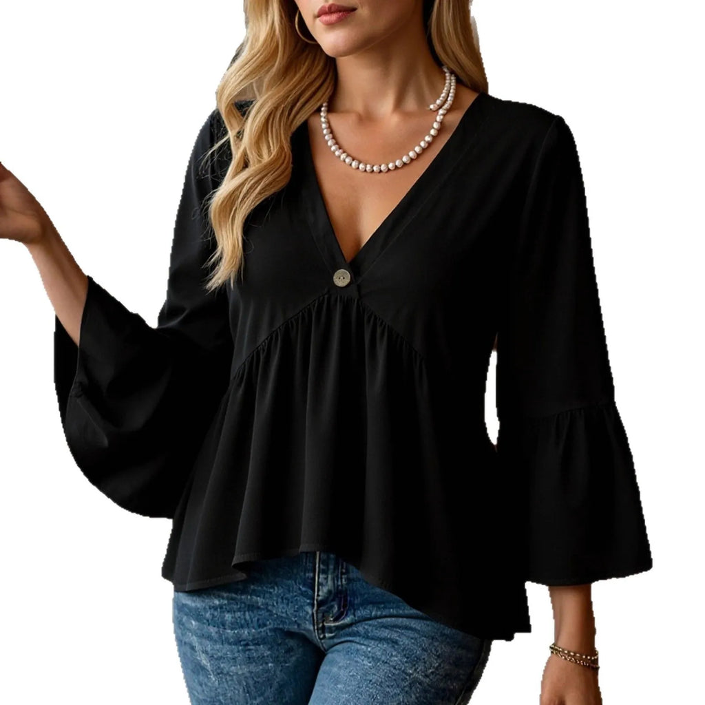 Women's solid black casual shirt with seven-point flared pleated sleeves