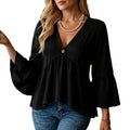 Women's solid black casual shirt with seven-point flared pleated sleeves