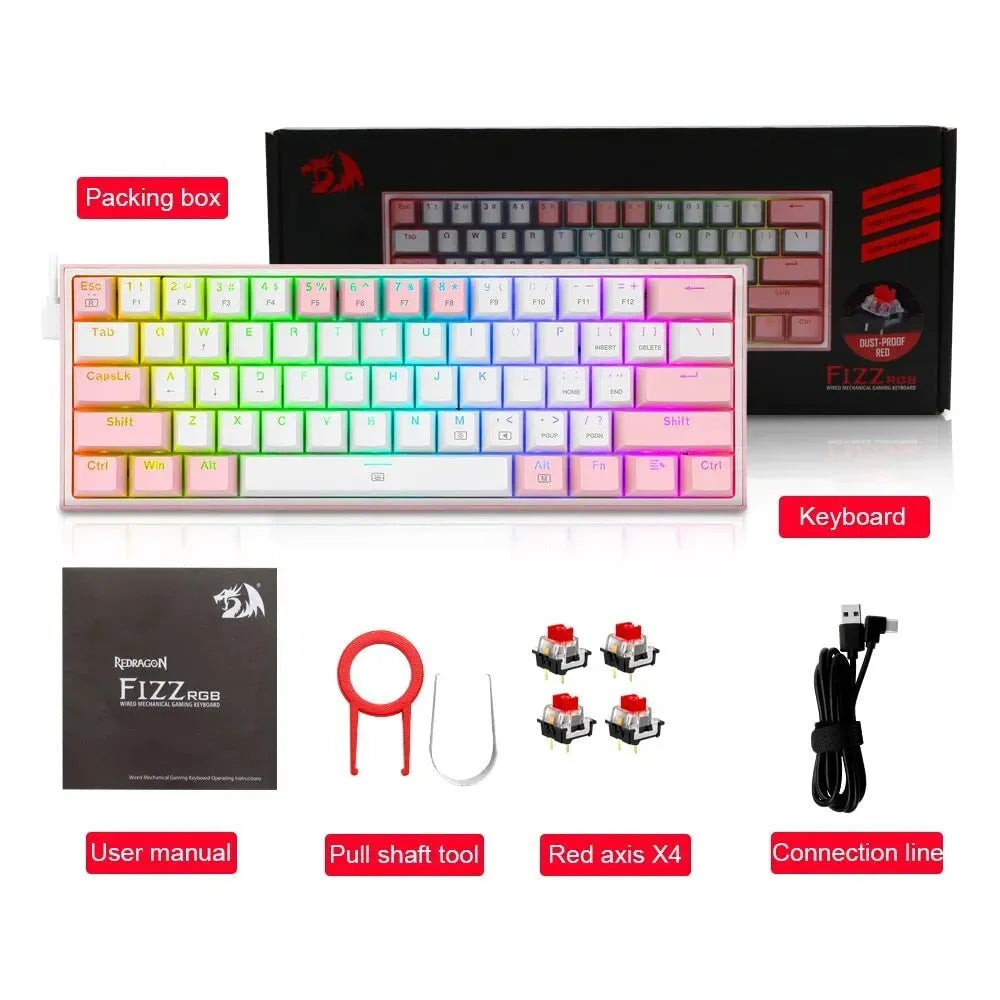 White pink RGB illuminated mechanical keyboard with dual colour keycaps and multimedia controls