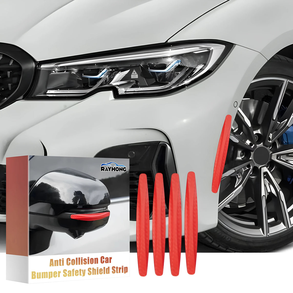 Four car anti-scratch strips, each 13cm x 1.5cm, made from polyvinyl chloride for car body protection.