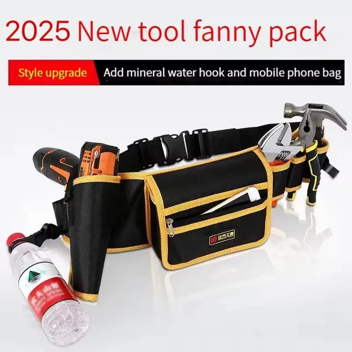 Yellow canvas electrician tool waist bag with belt attachment for portable tool storage and repair tasks