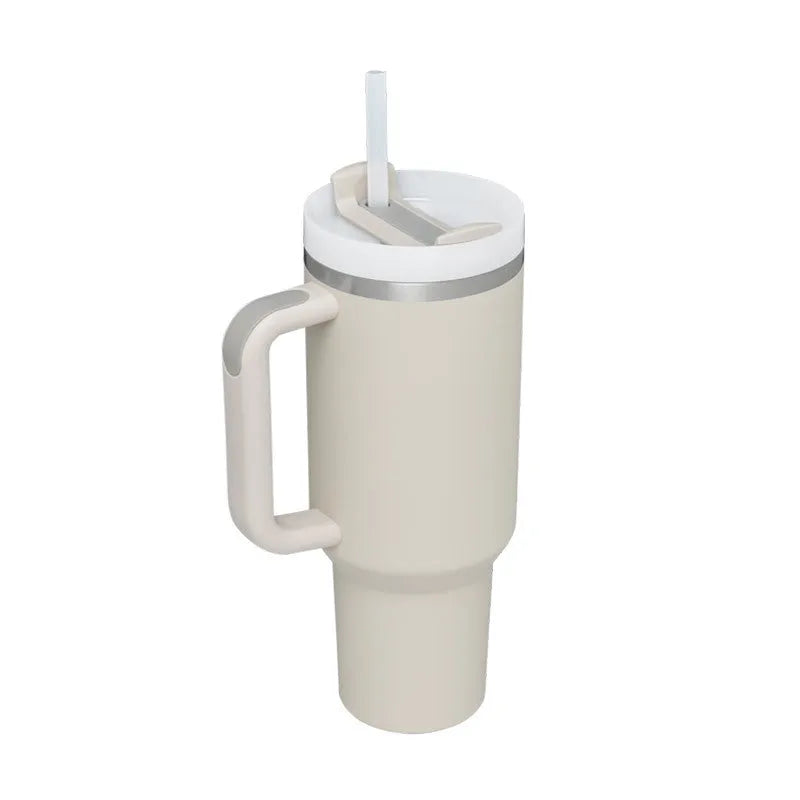 40 oz insulated stainless steel tumbler with handle straw and spill proof lid in a tapered design for car or gym use