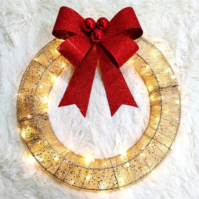 50cm Christmas garland wreath with bowknot, 140 warm LED lights, gold or green, for front door indoor outdoor use