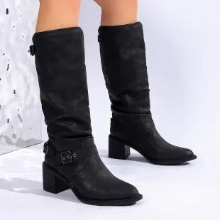 Black women's buckle chunky heel ankle boots with pointed toe, 6-8cm high heel and high cylinder shaft.