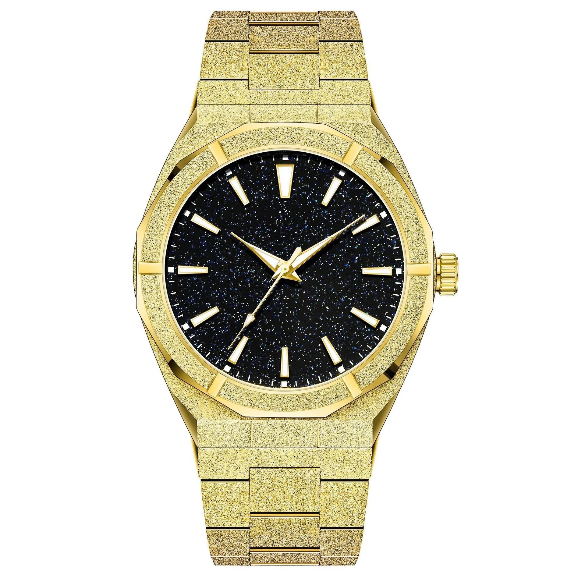 Men's stainless steel business watch with frosted case and luminous markers in black, gold and silver options