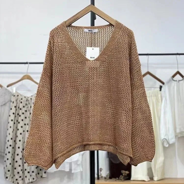 Loose mesh top with 3/4 princess sleeves in green, purple, brown or apricot white
