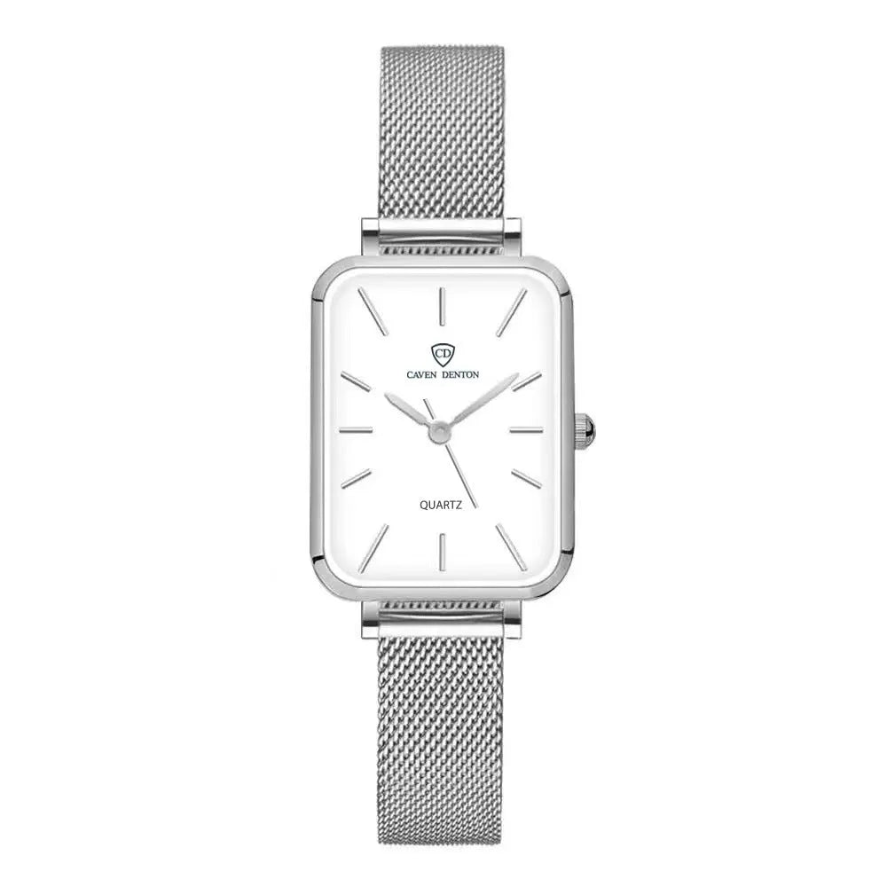 Women's quartz watch with alloy case, mineral glass, woven steel strap, rose gold or silver finishes, 30m waterproof