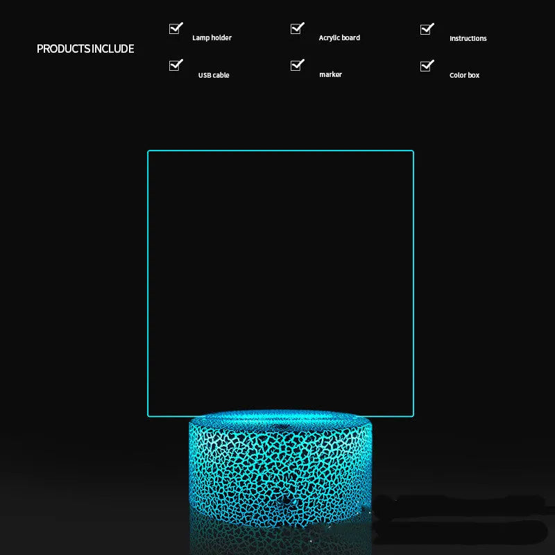 3D acrylic LED message board night light on a desk, showing illuminated surface and remote control