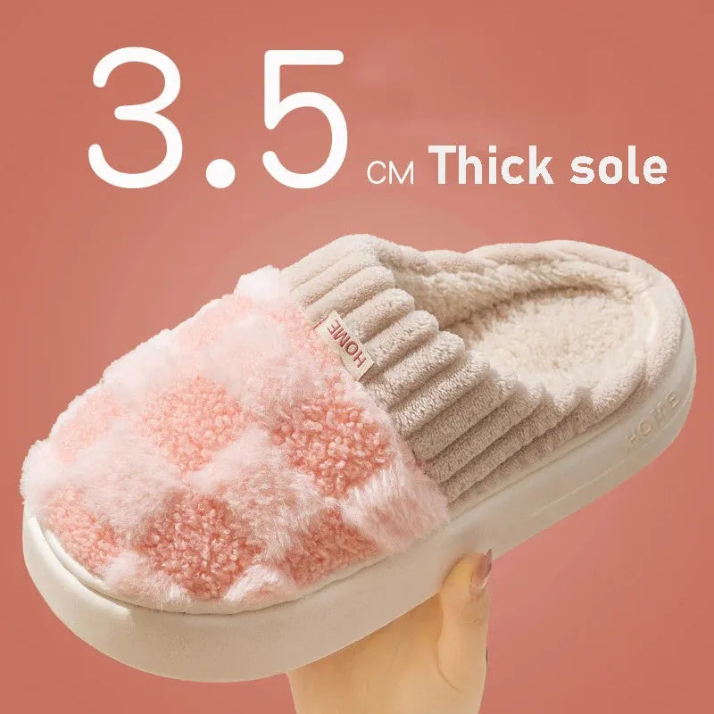 Women's plaid pattern plush indoor slippers with coral velvet upper and grey non-slip PVC sole