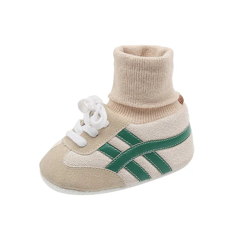 Baby cotton ankle sock shoes in green with soft sole, size inner length 11cm