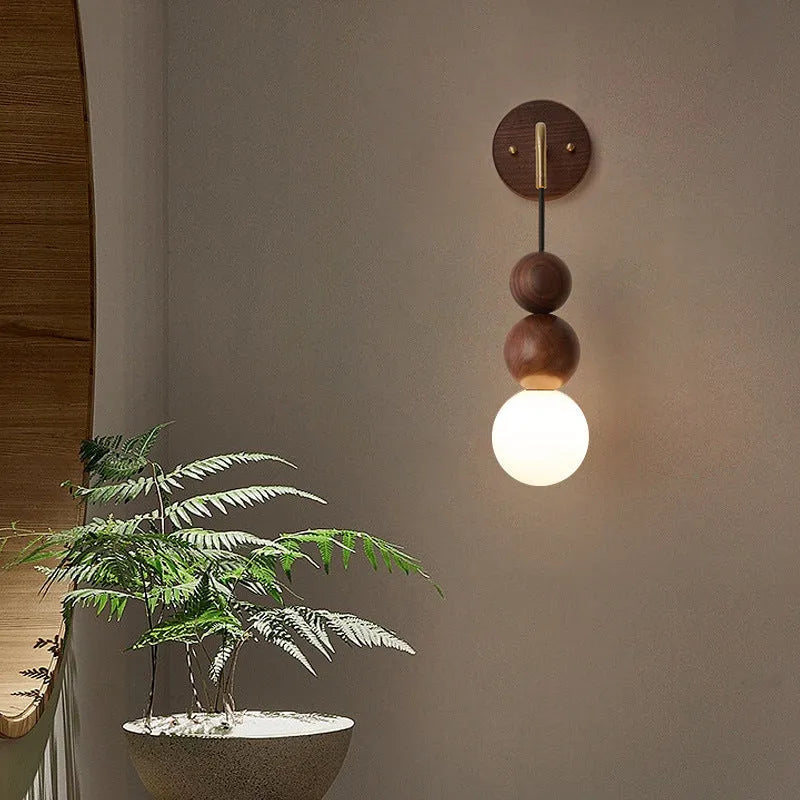 Circular wood and copper wall lamp with tricolour lighting, 10cm diameter