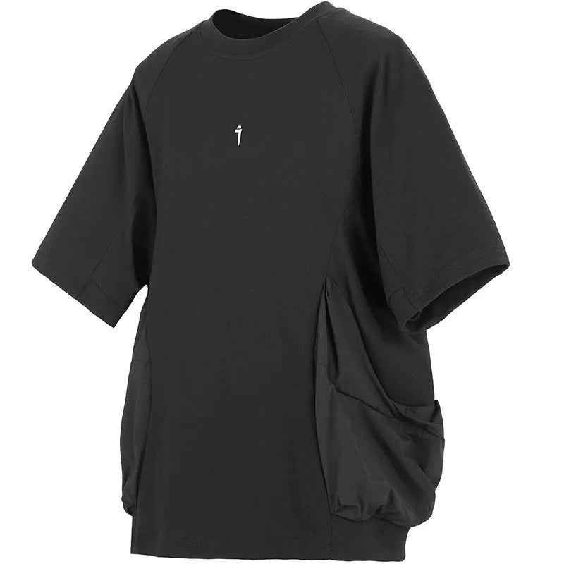 Men's loose cotton T-shirt with big pocket and short sleeves in black colour