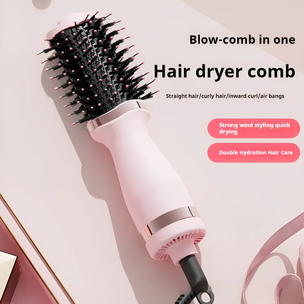 Pink multifunctional hair dryer with hair comb and curling attachment for constant temperature styling