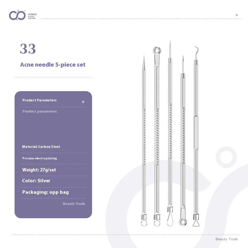 Four metal acne needle tools with pointed tips on a white background.