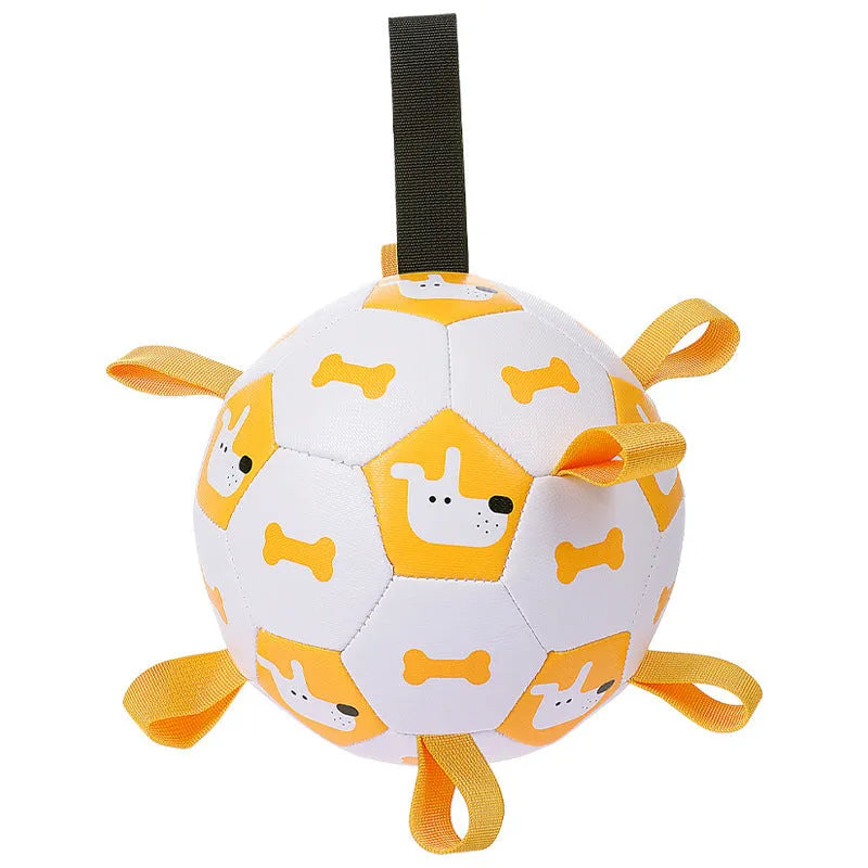 Interactive PU dog football with nylon edge and strap, available in 15cm and 19cm sizes for training play