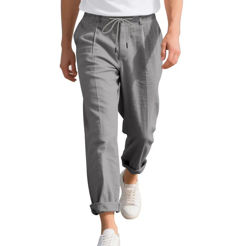 Men's linen casual pants in straight-leg style with drawstring waist in various colours