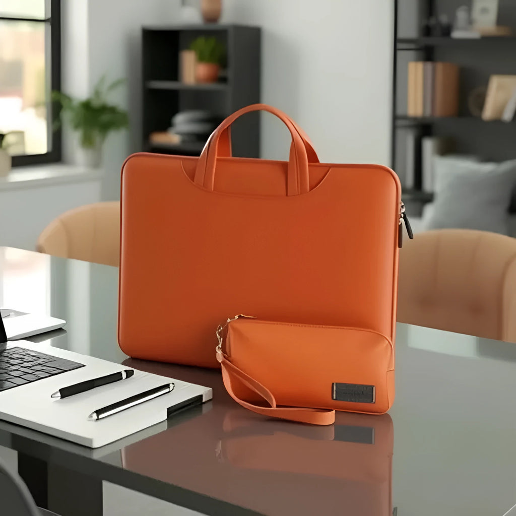 PU leather laptop sleeve bag, 370x280x30mm, with power pack, in black, brown, dark gray or pink