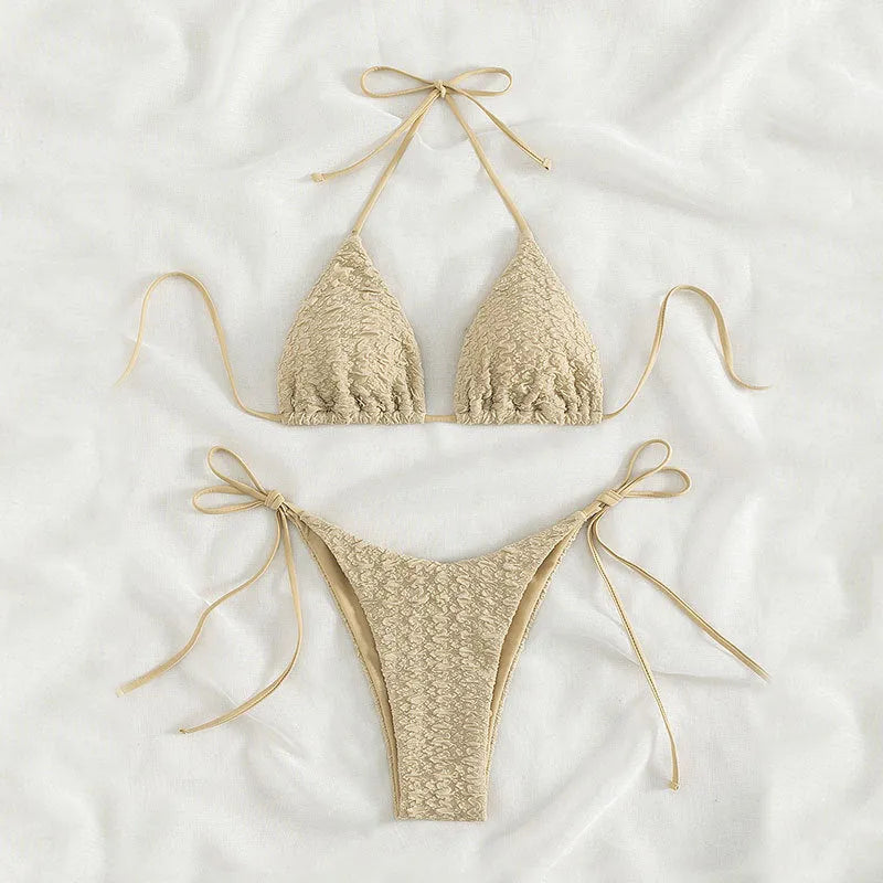 Women's high waist bikini swimsuit with lace-up top in khaki, blue, pink or black