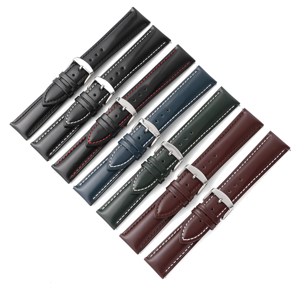Quick release cowhide leather watch strap in black showing buckle and quick release spring bar mechanism.