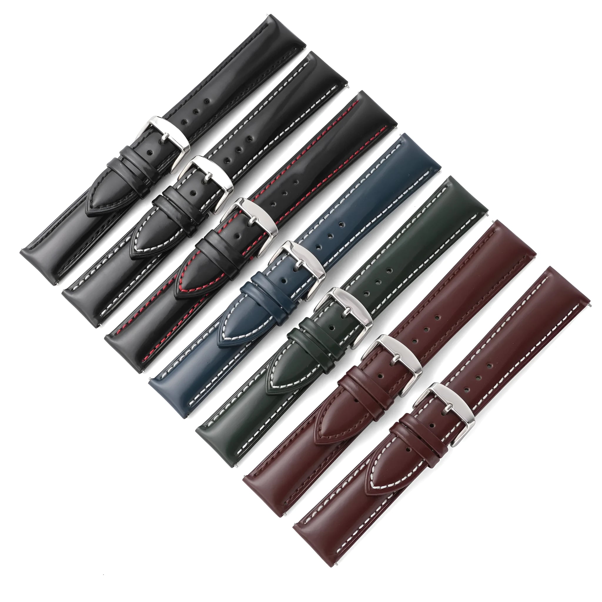 Quick release cowhide leather watch strap in black showing buckle and quick release spring bar mechanism.