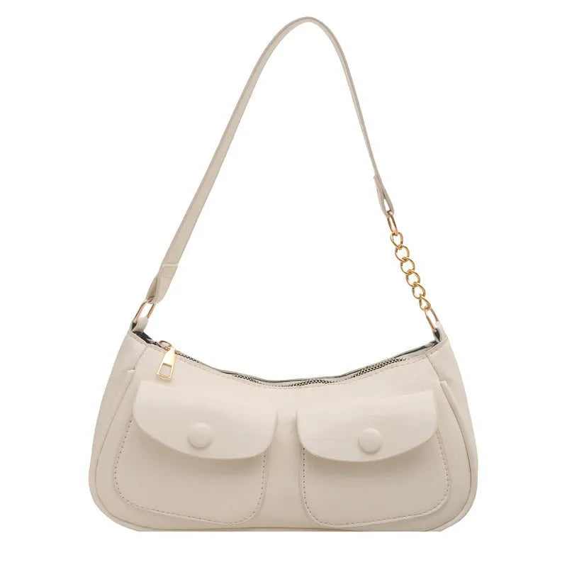 PU clamshell bag for women in horizontal square shape with single strap and splicing detail, available in black coffee red white colours