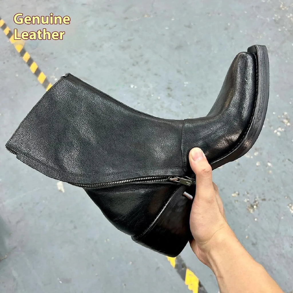 British Wizard retro spiral zipper Martin boots in black with pointed toe and mid-calf shaft