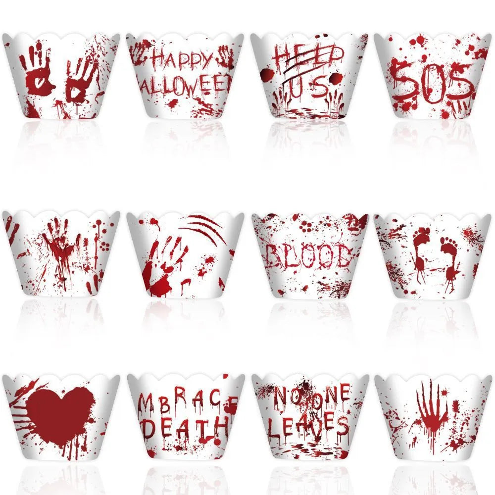 Halloween cake border in red hand design, paper cupcake surrounding border, 12 pack