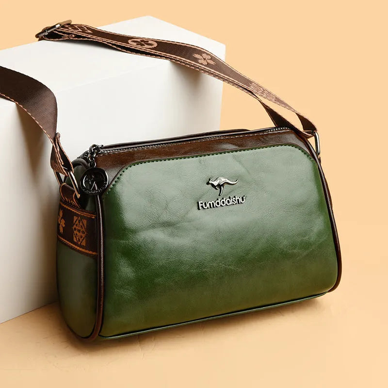 Women's oil wax leather crossbody bag in brown, double-sided design, soft PU material