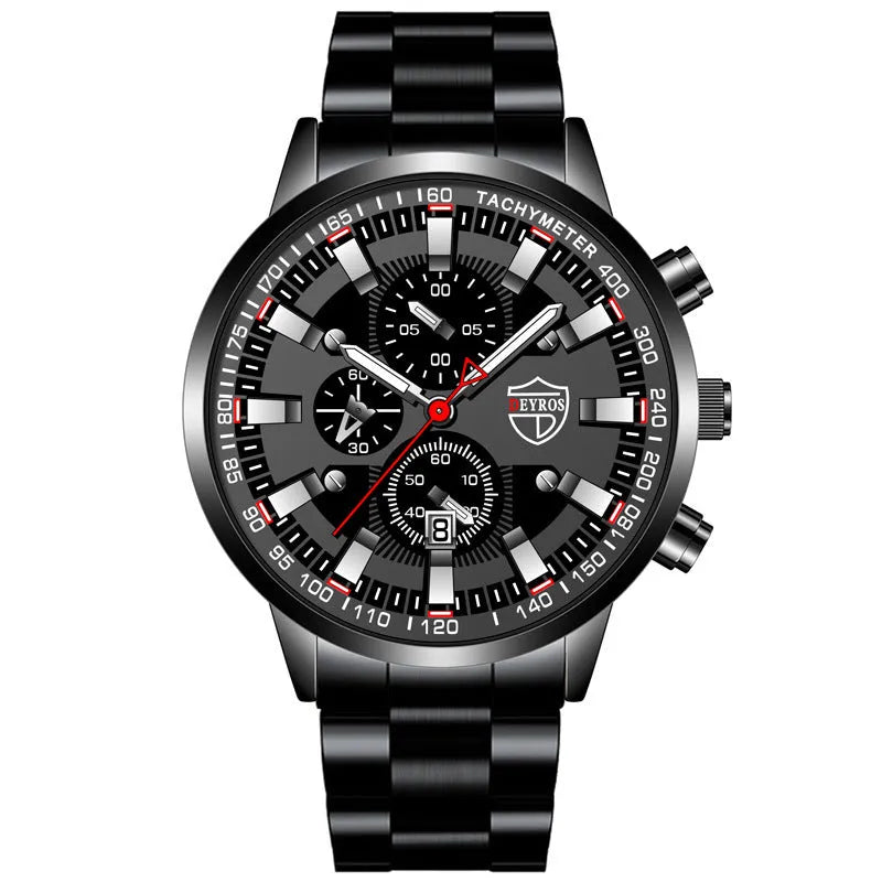 Men's stainless steel quartz wristwatch with luminous dial, calendar, and 24-hour subdial, 42mm, black dial