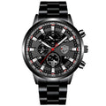 Men's stainless steel quartz wristwatch with luminous dial, calendar, and 24-hour subdial, 42mm, black dial