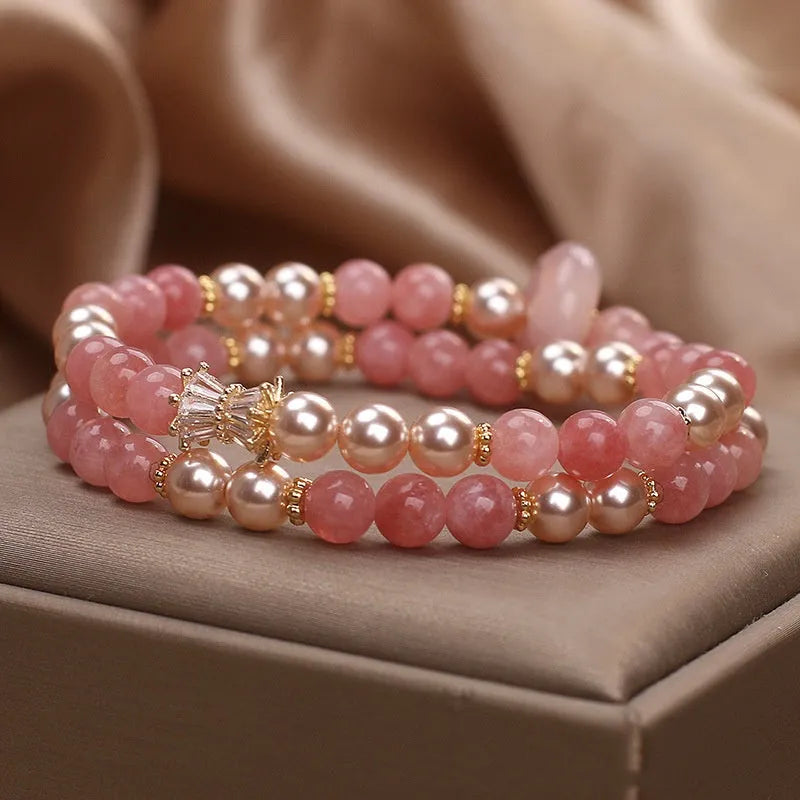 Pink strawberry quartz pearl bracelet for women, crystal beaded sweet style jewellery