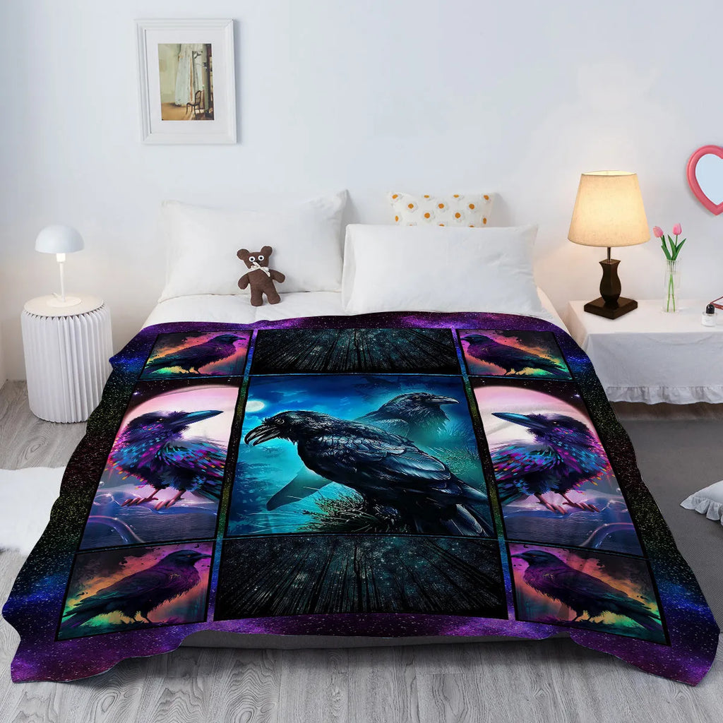 Multicoloured Raven print flannel blanket in 75x100cm, 130x150cm, and 150x200cm sizes with hemmed edges