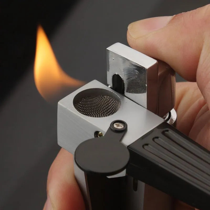 Metal pipe lighter with folding flap covering lighter mechanism and stash compartment