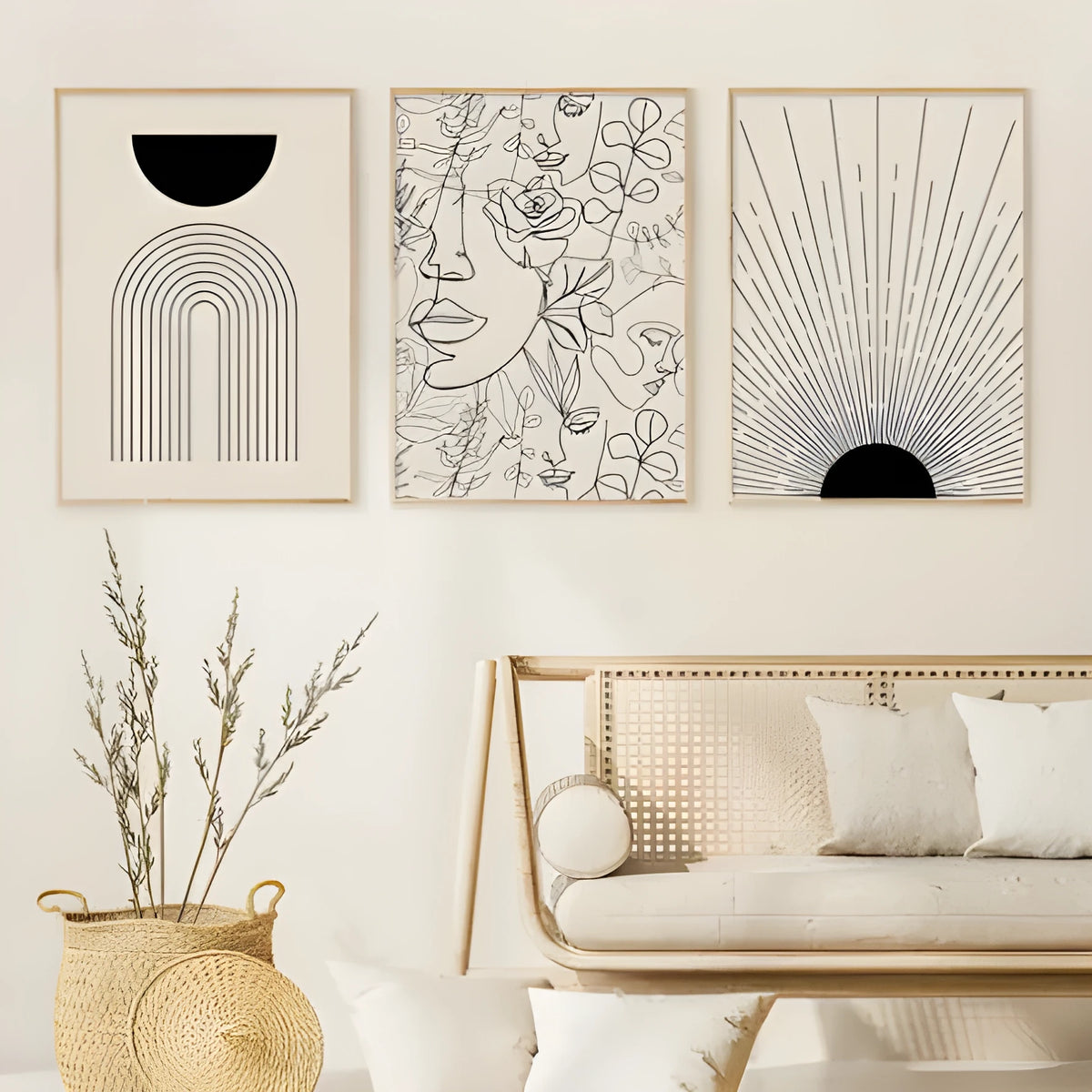 Abstract boho-style animal line art printed on a frameless canvas wall decoration.