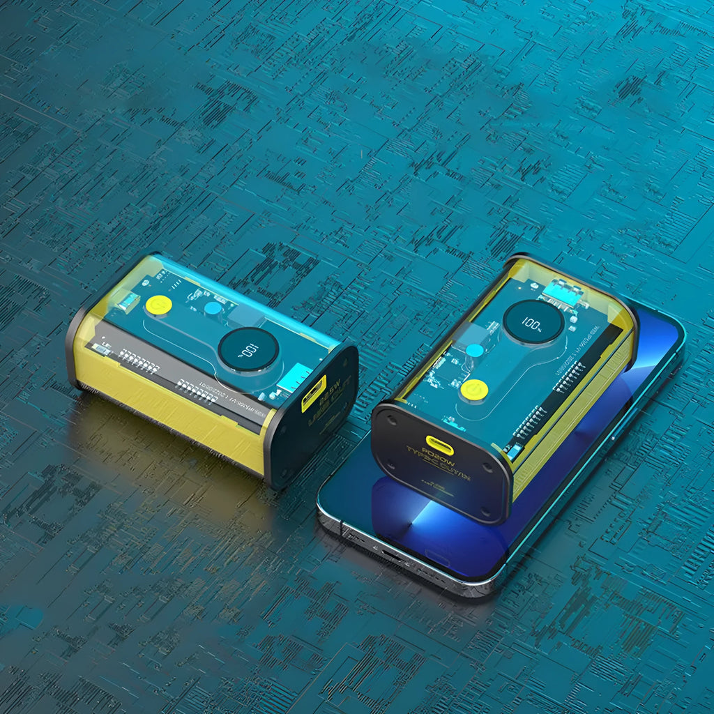 Transparent yellow industrial power bank showing internal battery cells with 10000mAh capacity