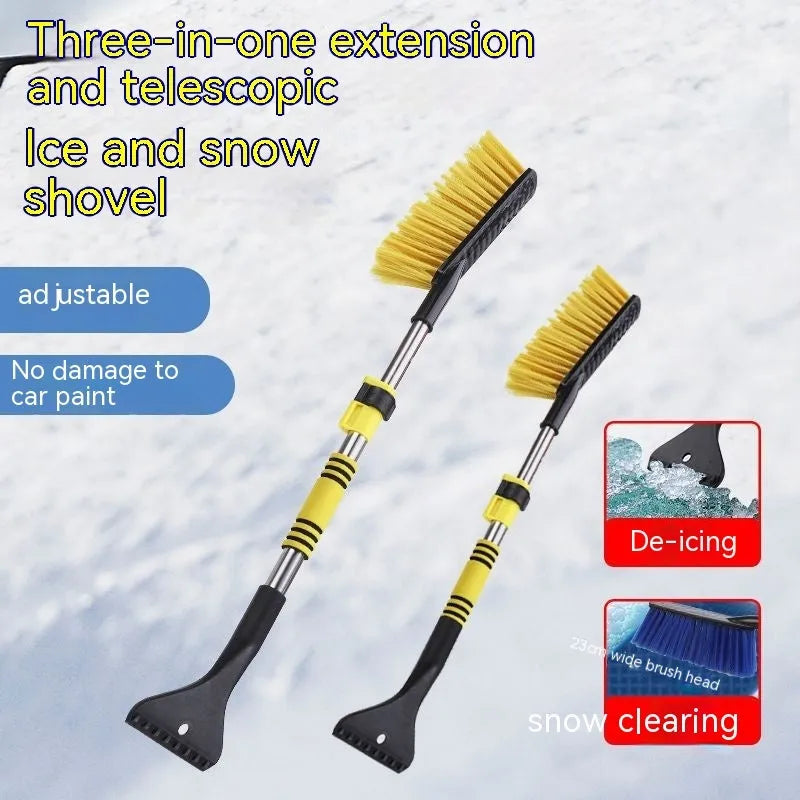 Winter car snow scraper brush with telescopic plastic long handle in blue for windscreen defrosting