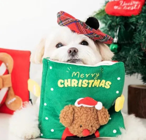 Christmas Book plush dog food hiding toy in solid colour for supervised treat search play