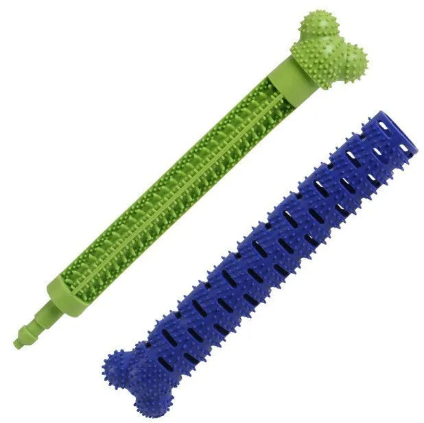 Blue-green dog dental chew toy with silicone brushing nodules and massage bumps for teeth cleaning