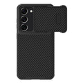 Black Samsung S23 Ultra phone case with a flip-up lens cover protecting the rear cameras.