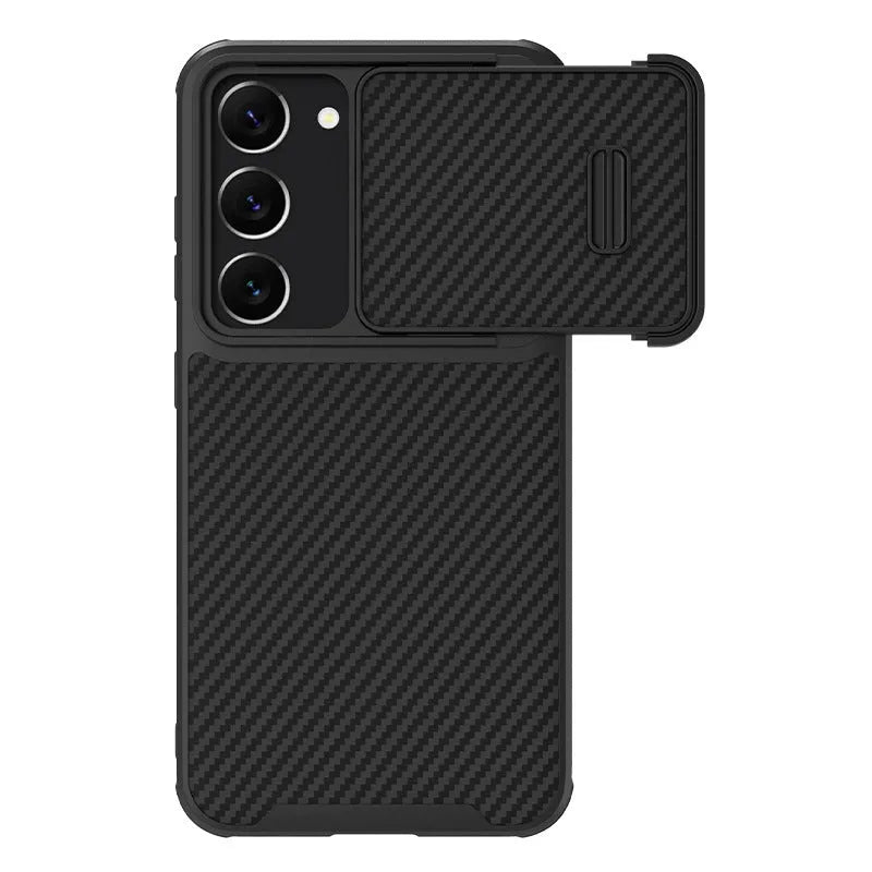 Black Samsung S23 Ultra phone case with a flip-up lens cover protecting the rear cameras.