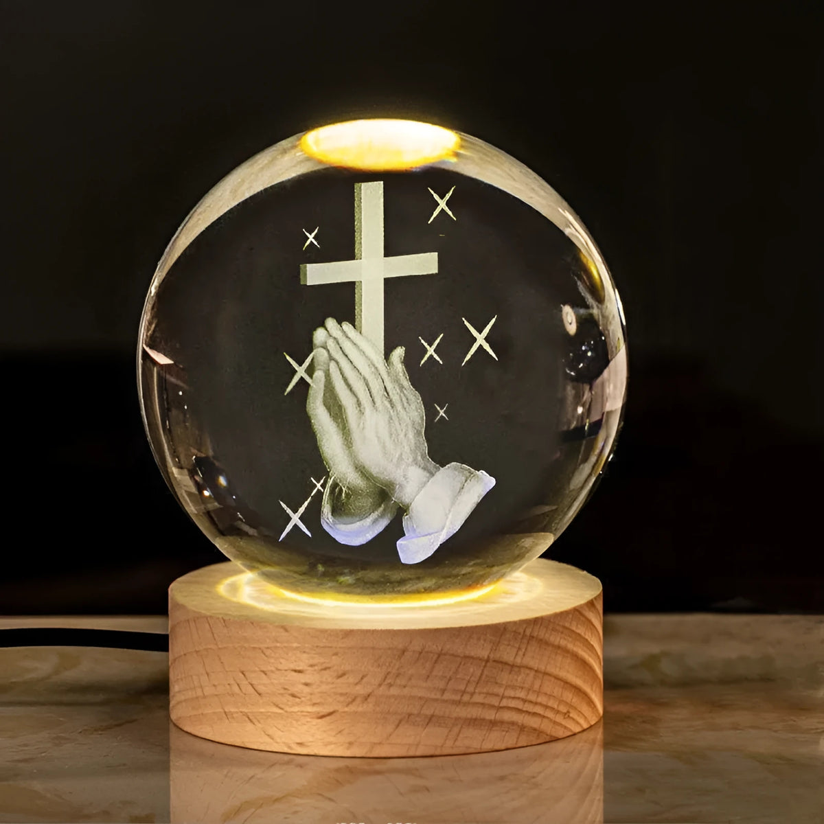 6cm white crystal ball desk lamp with religious symbols on solid wood warm light base