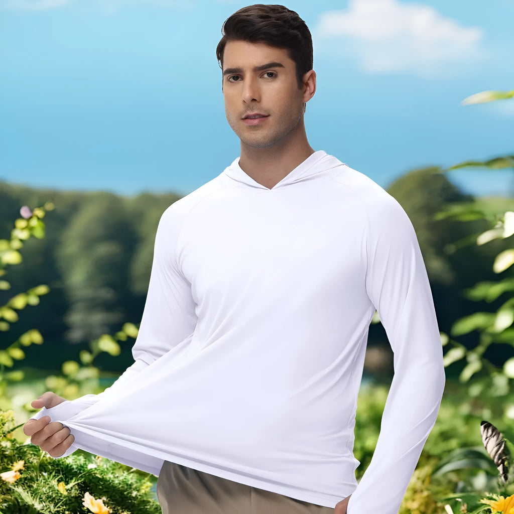 Thin polyester outdoor hooded long sleeve top for UV protection during fishing and hiking