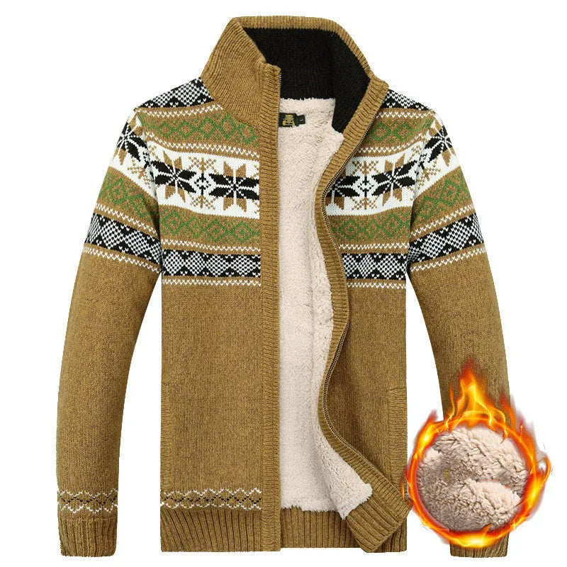 Men's velvet fleece cardigan sweater with stand-up collar, loose fit, warm winter casual coat, blue